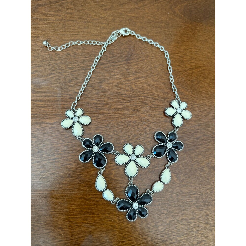 Paparazzi Floral Statement Necklace Black Cream Rhinestone Bib Necklace
